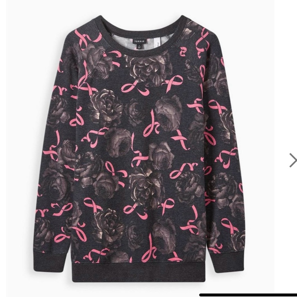 Torrid Black Floral Breast Cancer Awareness Raglan fleece sweatshirt. NWT Size 3